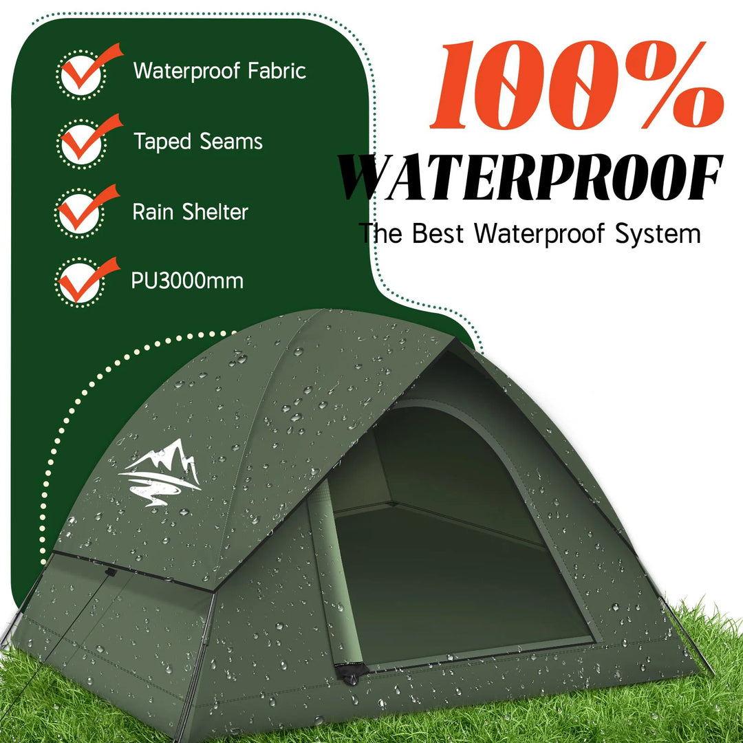 Green tent with waterproof features highlighted on a green and white background