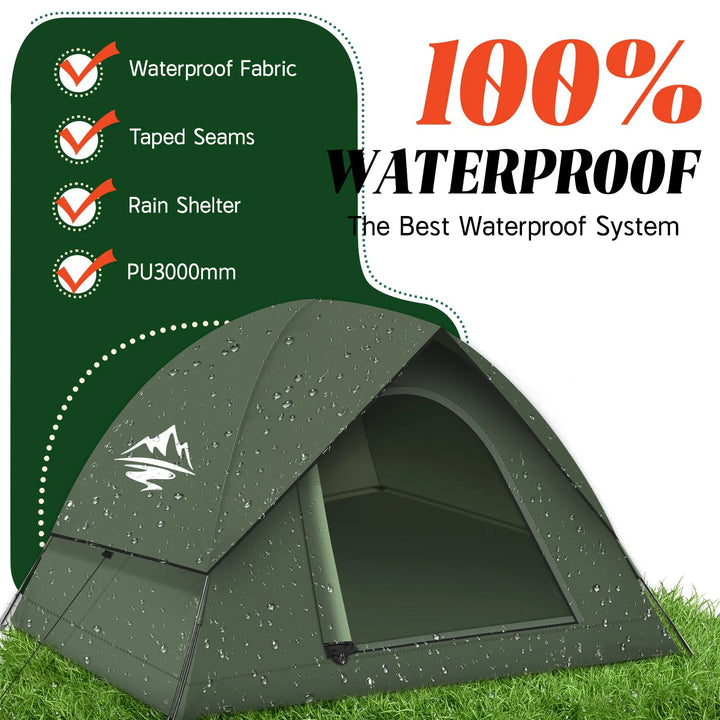 Green tent with waterproof features highlighted on a green and white background