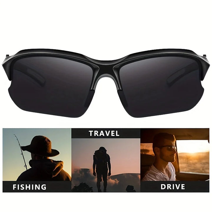 Black sunglasses with lifestyle scenarios below on a white background