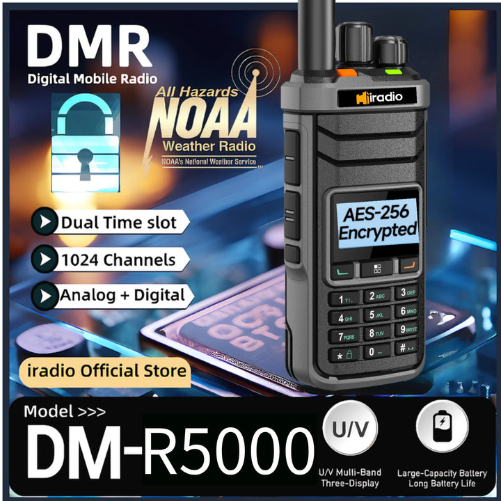 DMR digital mobile radio with NOAA weather radio capabilities on a dark background