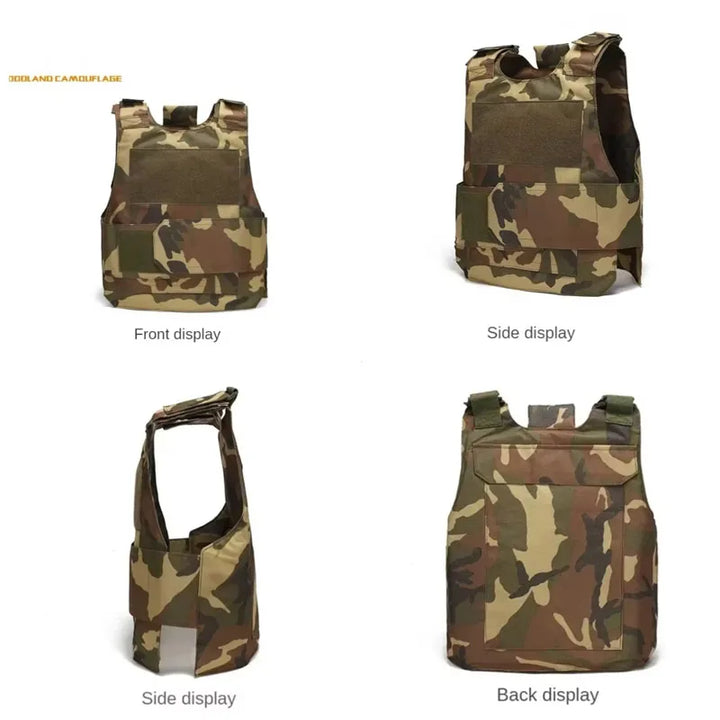 Camouflage tactical vest shown from front, side, back, and another side on a white background.
