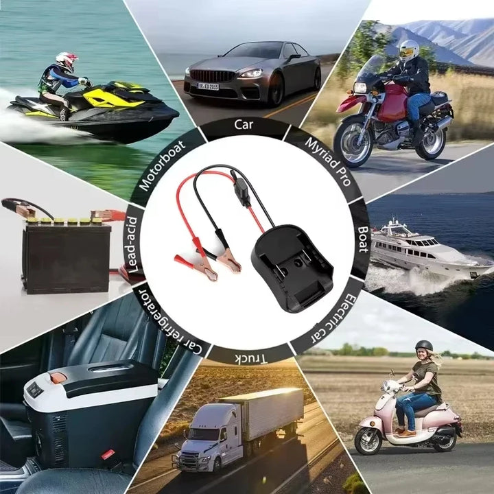 Collage of various vehicles with a focus on automotive and marine equipment, including a battery terminal connector.