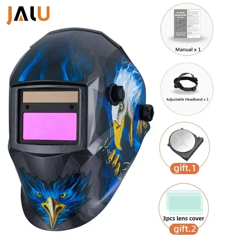 Welding hood displayed on mannequin for fit example