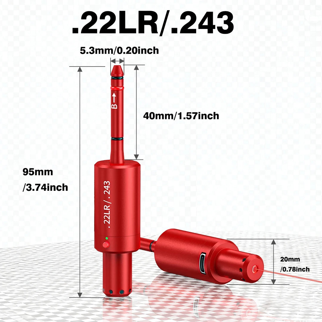 Red laser sight with measurements on a white background