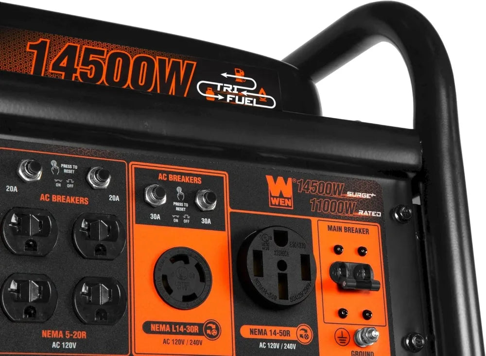 Portable generator with 14500W rating and WEN branding on an orange and black background.