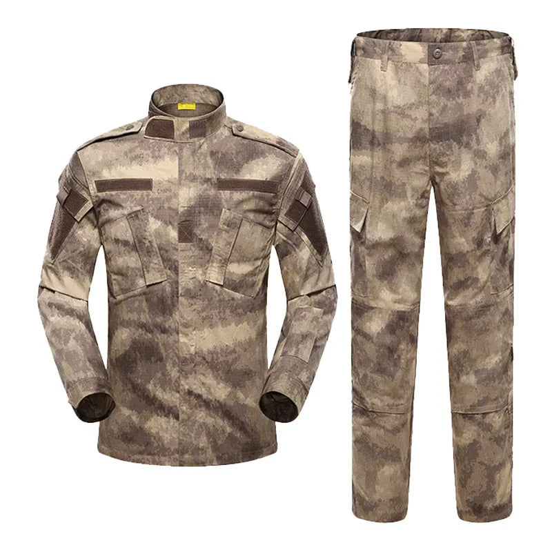 Camouflage military uniform with jacket and pants on a white background
