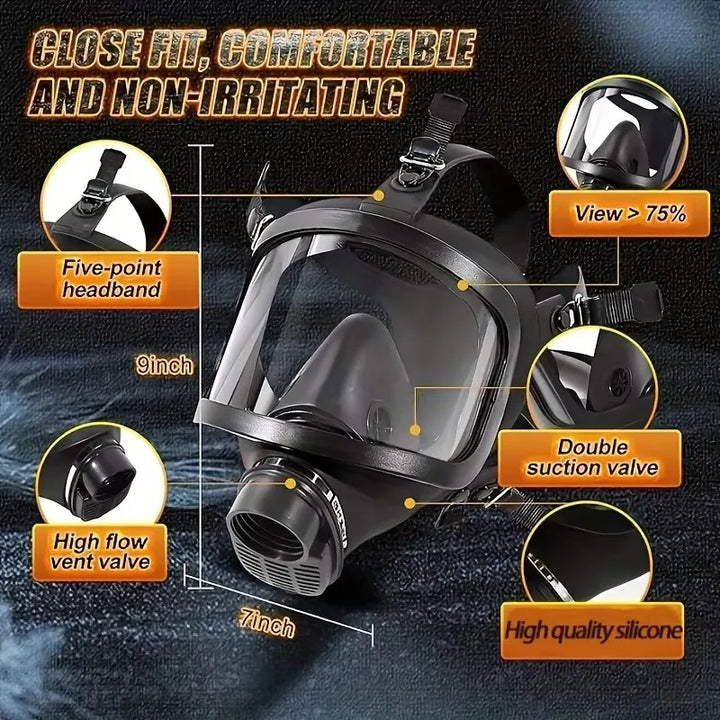 Full-face mask with features highlighted on a dark background