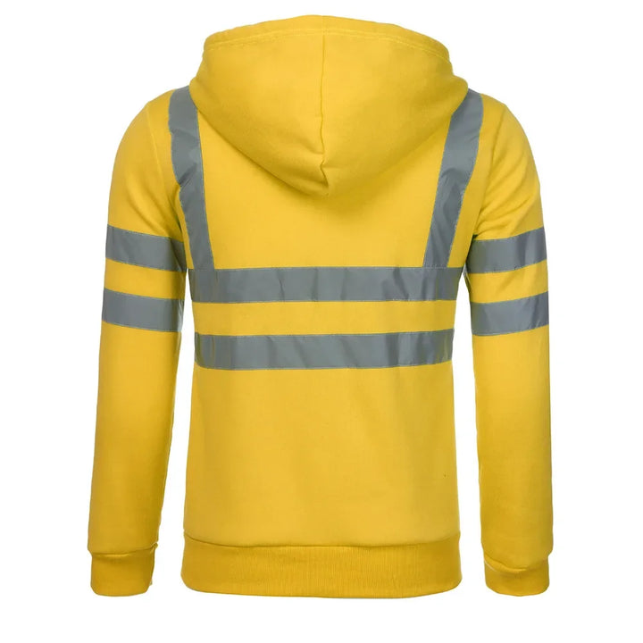 Yellow hoodie with reflective stripes on a white background