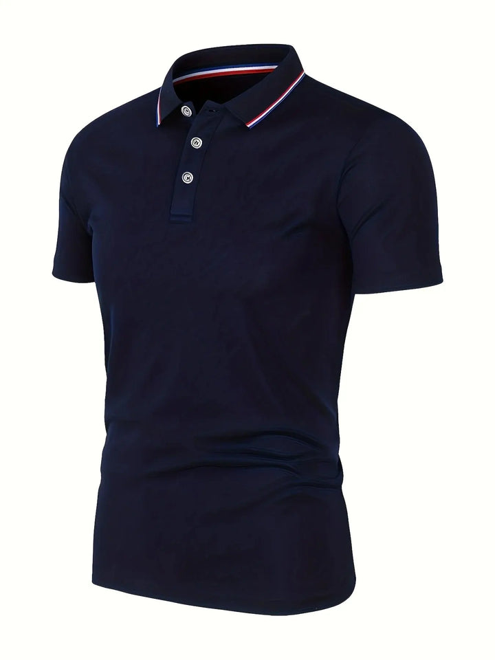 SmartGearPros Men's Polo Shirt - Breathable Polyester Polo Shirt in navy with button collar and short sleeves.