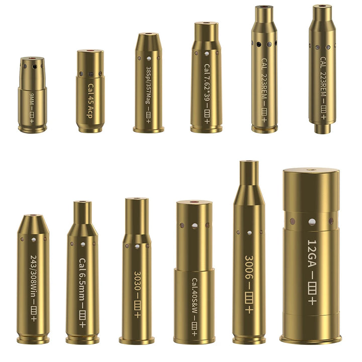 Set of gold-colored caliper boresight tools on a white background