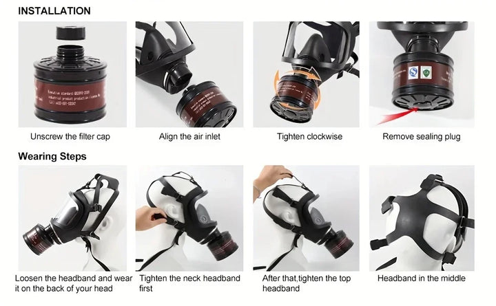Step-by-step guide on how to install and wear a gas mask.