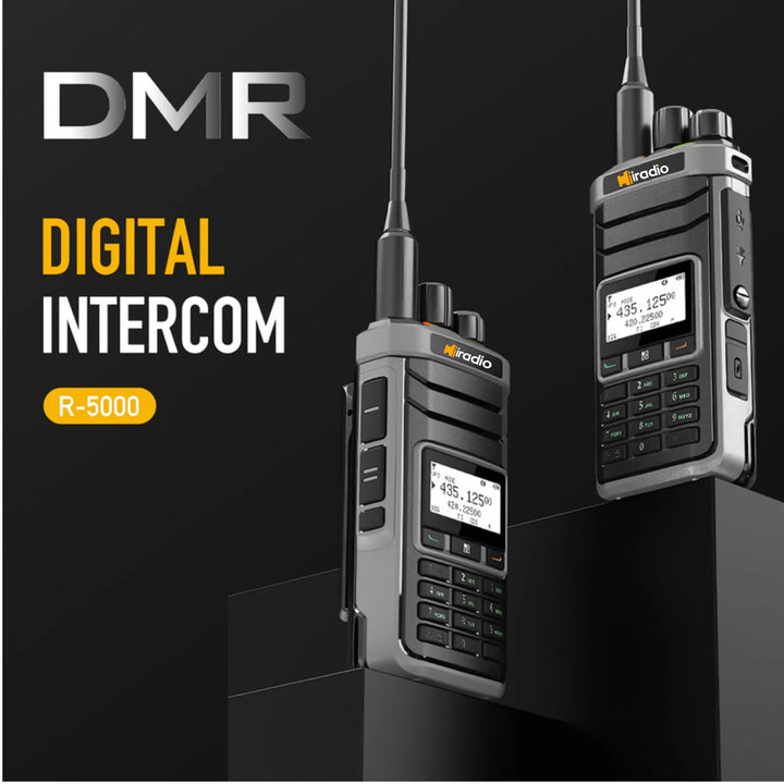 Digital intercom R-5000 with DMR branding on a black background
