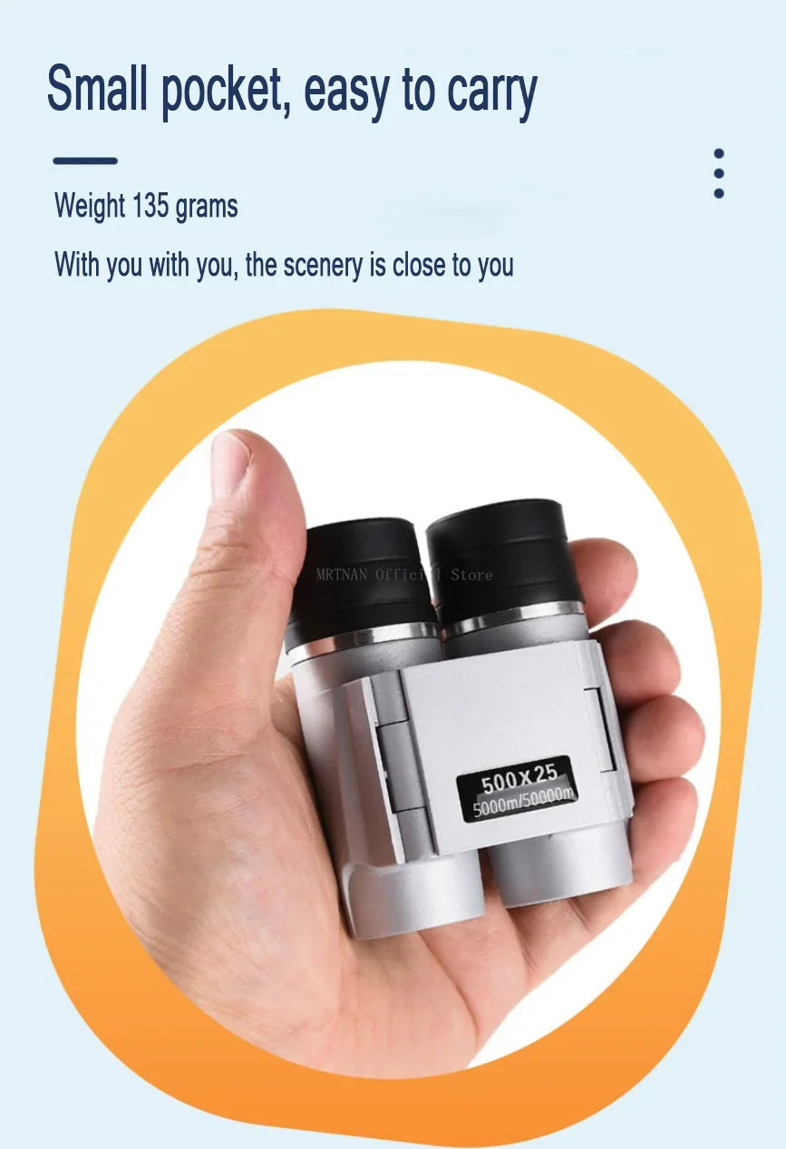 Hand holding a pair of binoculars with text about weight and portability on a light blue background.