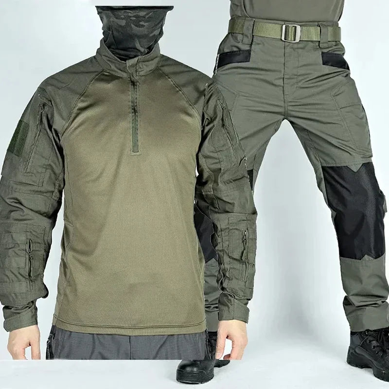 Olive green tactical shirt and pants with black accents on a white background
