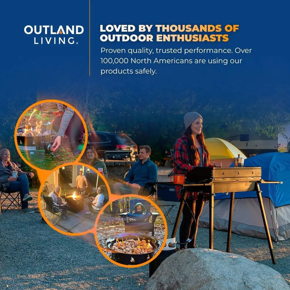 Promotional image for Outland Living with people camping and using outdoor products.