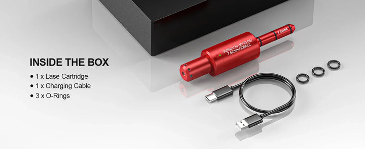 Red laser device with components on a gray background