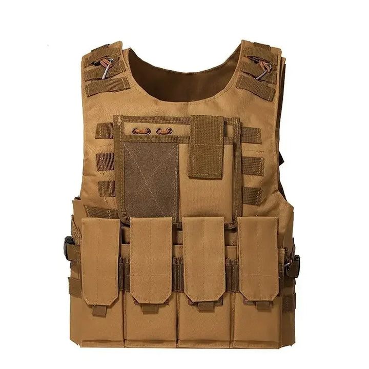 Tan tactical vest with multiple pockets and straps on a white background