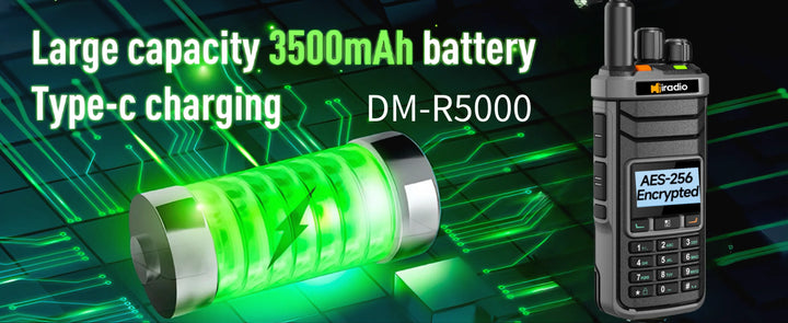 Walkie talkie with battery and text highlighting features on a green and black background