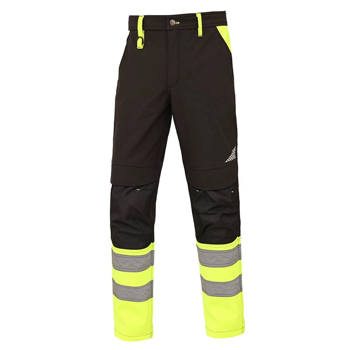 Black work pants with yellow and gray reflective stripes on a white background