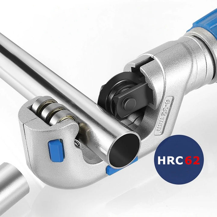 Metal pipe cutter with a close-up of the cutting mechanism on a white background, featuring HRC 62 hardness rating.