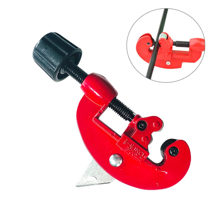 Red pipe cutter with a close-up inset on a white background