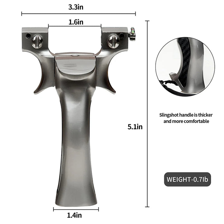 Slingshot handle with measurements and weight information on a white background