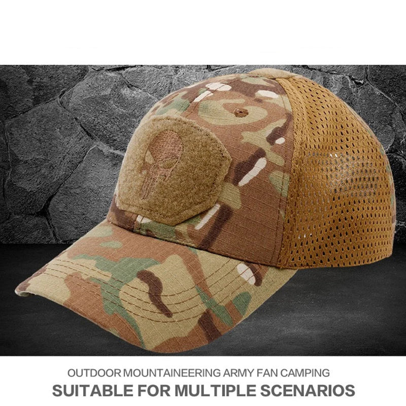 Camouflage baseball cap with mesh back on a stone wall background