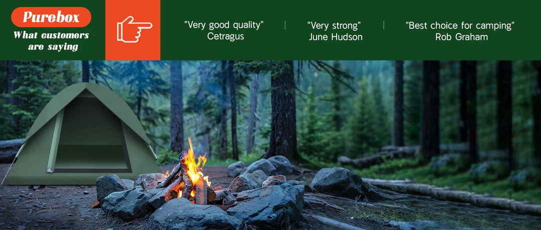 Camping scene with a tent and campfire in a forest, featuring customer reviews on a green banner.