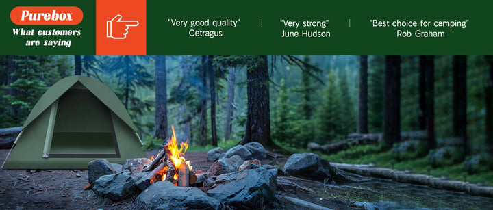 Camping scene with a tent and campfire in a forest, featuring customer reviews on a green banner.