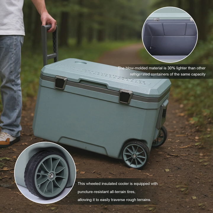 SmartGearPros 70L Wheeled Cooler - 30% Lighter Than Rotomolded Camping Cooler with Handle for Beach Fishing