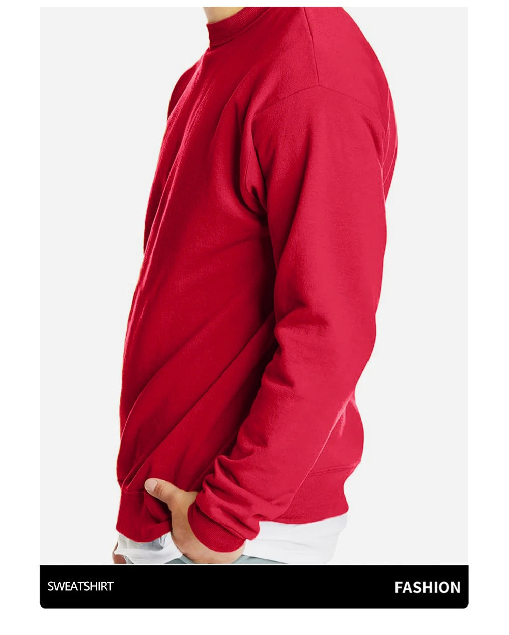 Red sweatshirt worn by a person on a white background