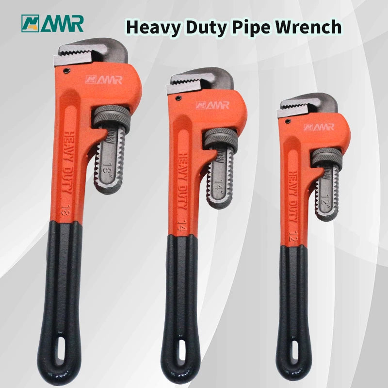 Three heavy-duty pipe wrenches with black handles on a light gray background, featuring the AMR brand.