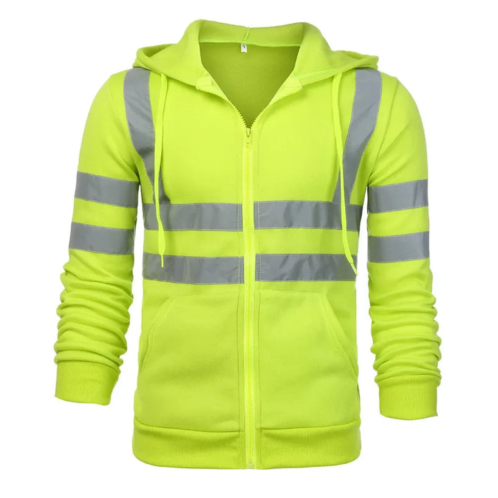 Fluorescent green hoodie with reflective stripes on a white background