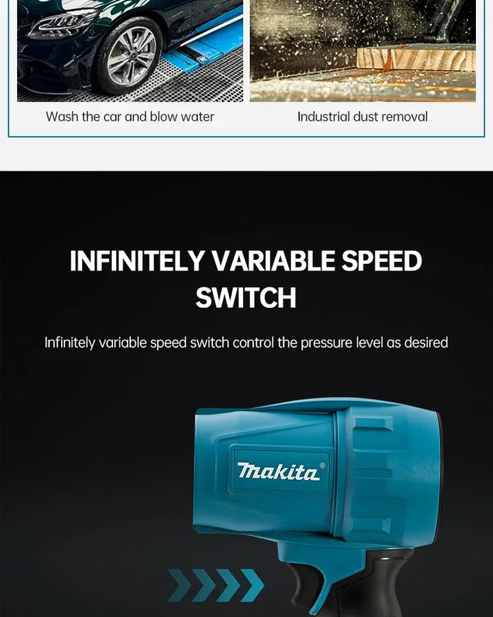 Makita power tool with infinitely variable speed switch on a black background, showing car washing and dust removal applications.