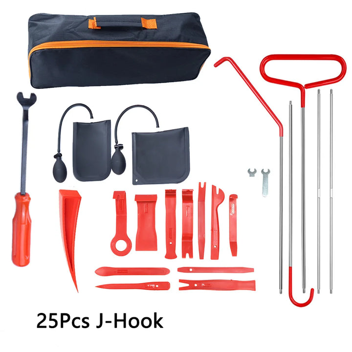 Set of car repair tools including J-hooks, a black bag, and various tools on a white background.