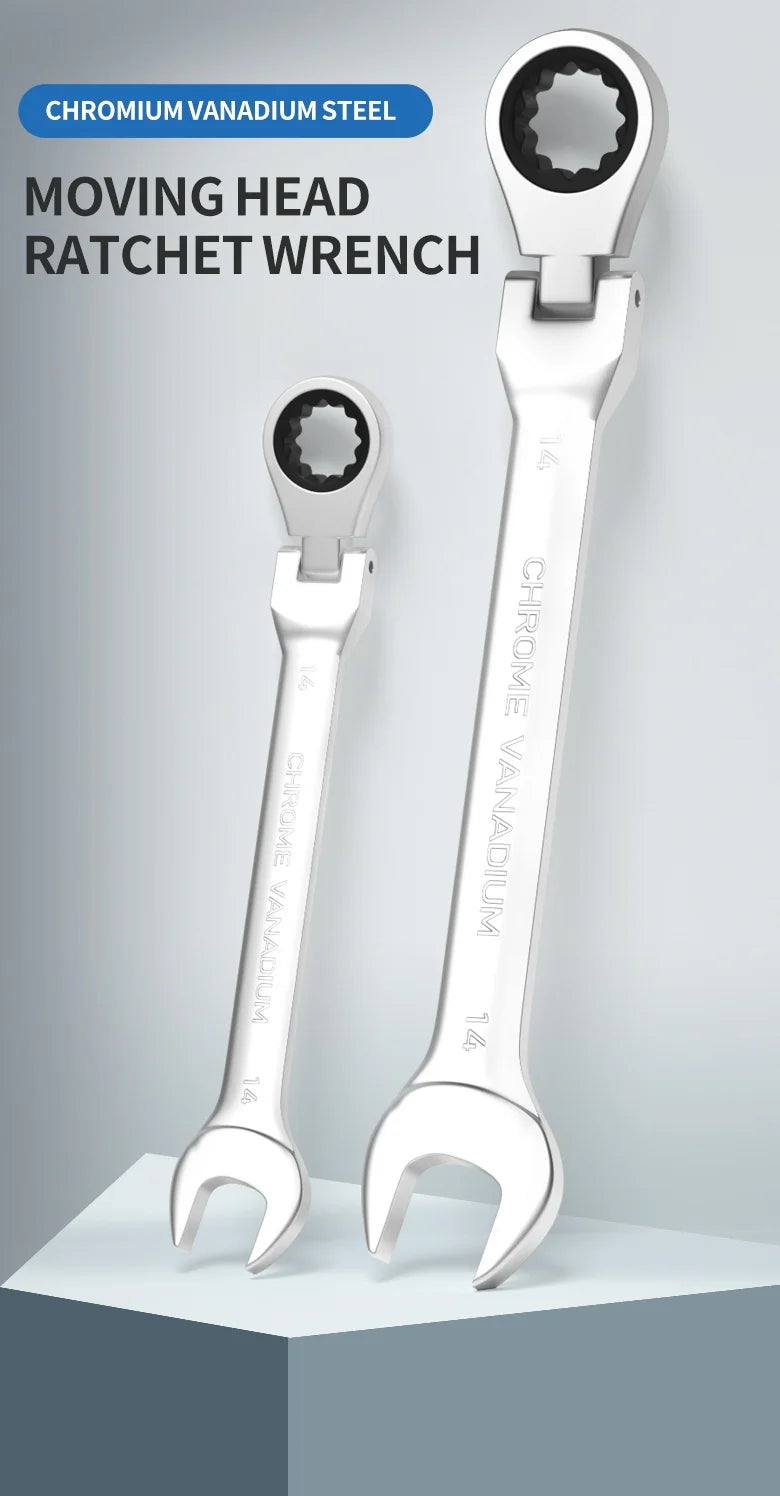 Multi-angle ratchet wrench set shown with socket attachments