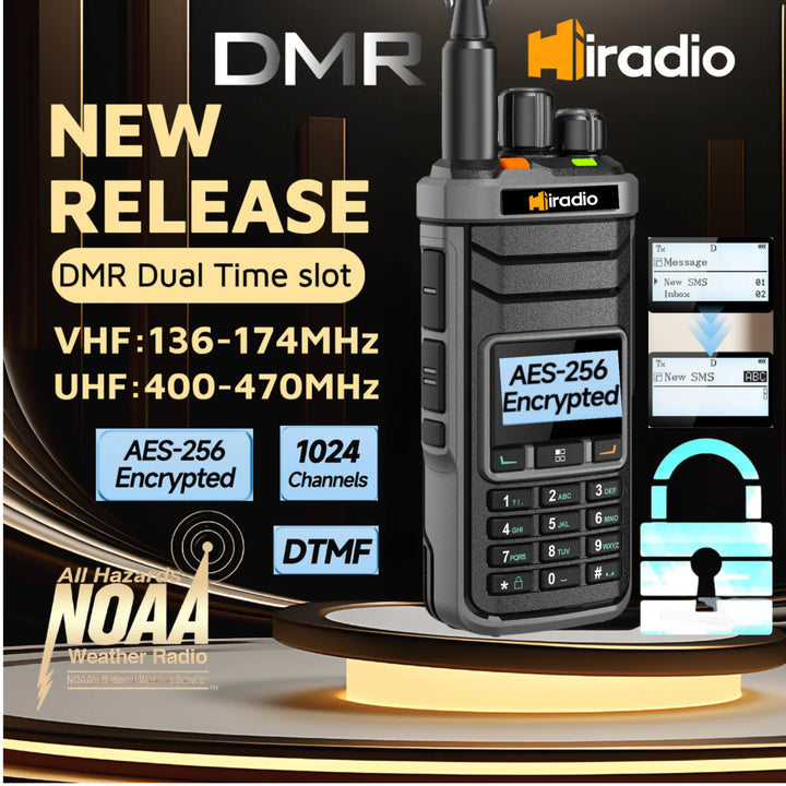 Miradio DMR radio with features highlighted on a dark background