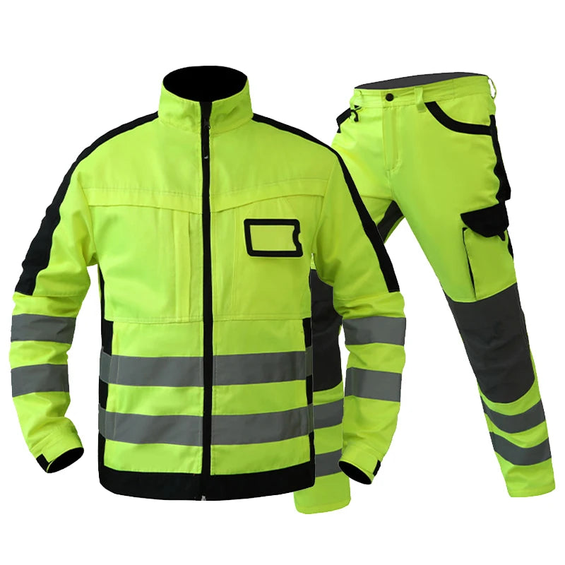 High-visibility safety jacket and pants with reflective stripes on a white background