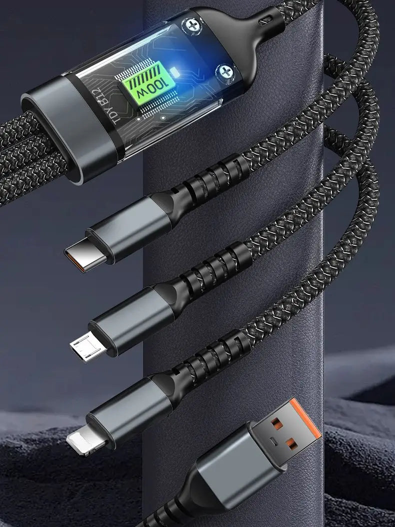 SmartGearPros SmartGearPros 3-in-1 100W Fast Charging Cable – USB C, Micro USB & Lightning with Transparent LED Chip for Samsung, iPhone, Huawei & More