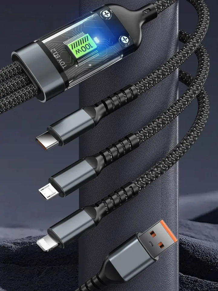SmartGearPros SmartGearPros 3-in-1 100W Fast Charging Cable – USB C, Micro USB & Lightning with Transparent LED Chip for Samsung, iPhone, Huawei & More