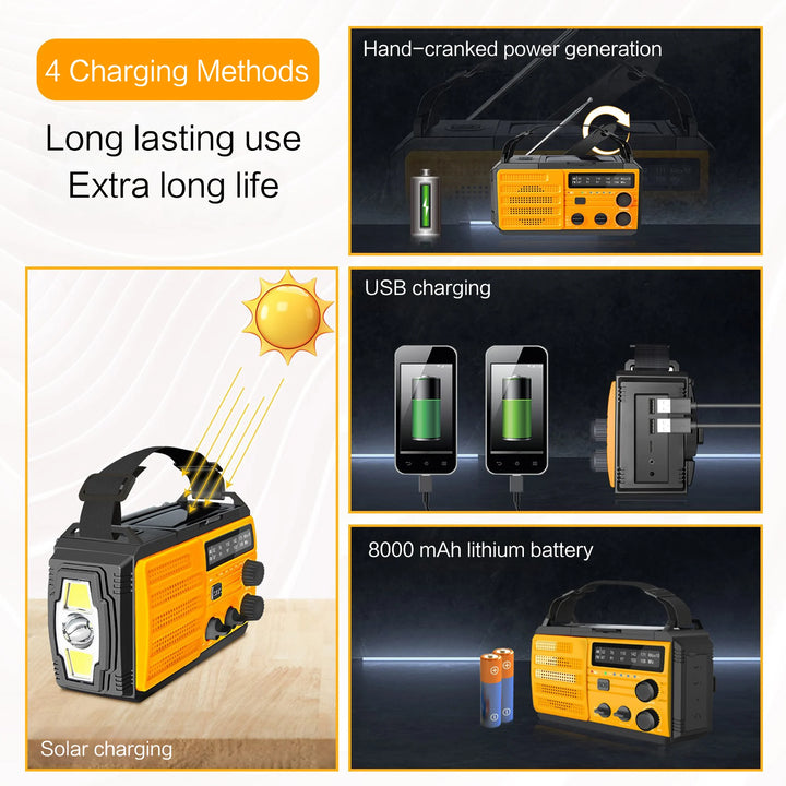 SmartGearPros Emergency Weather Radio - FM AM WB Hand Crank Solar USB Charging 2000mAh Power Bank LED Flashlight