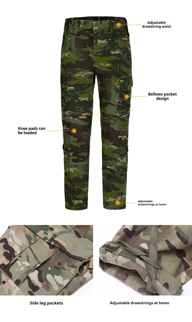 Camouflage pants with various features labeled on a white background