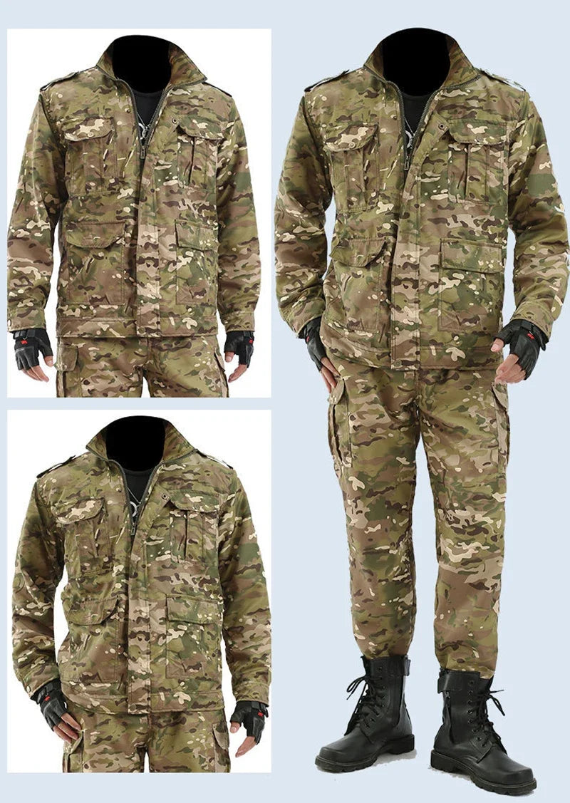 Camouflage military uniform with jacket and pants on a light blue background