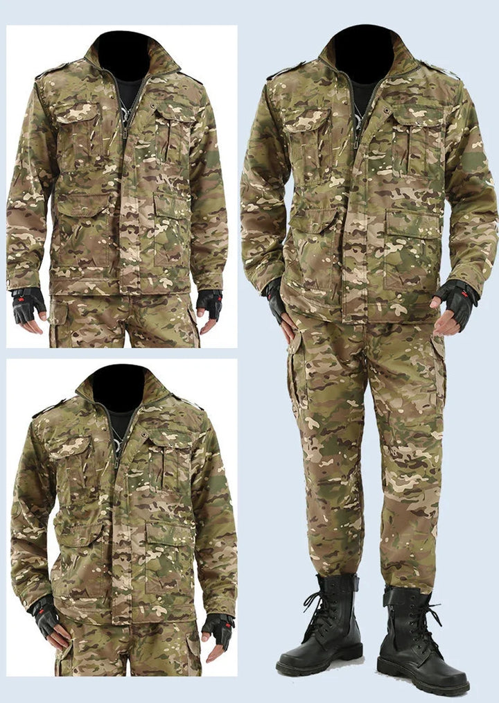 Camouflage military uniform with jacket and pants on a light blue background
