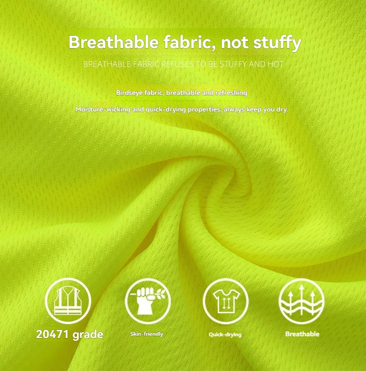 Close-up of bright yellow fabric with text and icons highlighting fabric properties.