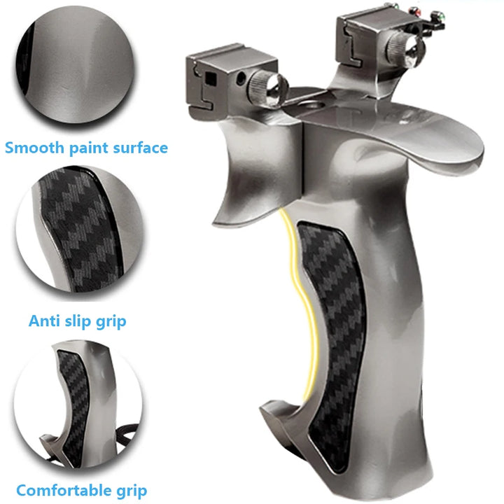 Silver paint sprayer with carbon fiber grip and smooth paint surface features