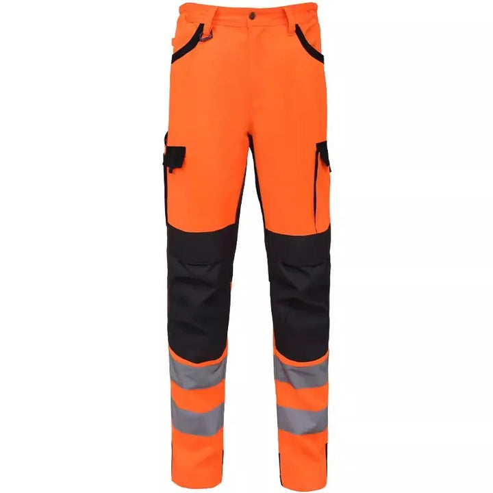Orange and black work pants with reflective stripes on a white background
