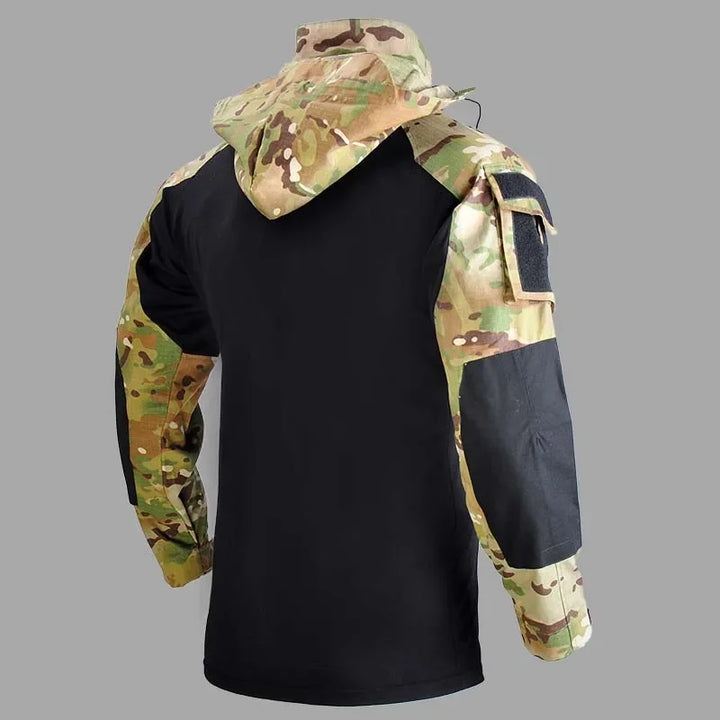 SmartGearPros Outdoor Camo Combat T-Shirt Hooded - Mens Tactical Shirt Airsoft Paintball Hunting