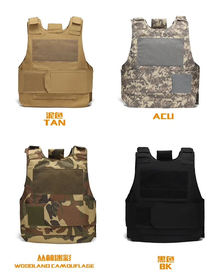 Four tactical vests in different colors and patterns on a white background