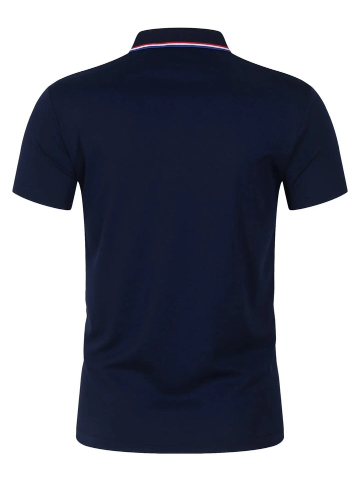 Back view of SmartGearPros breathable polyester polo shirt in navy color with button collar.